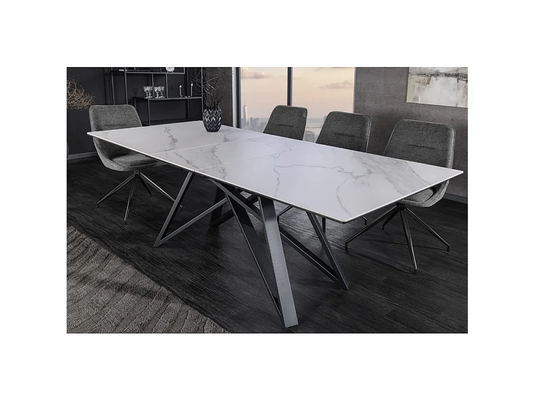Table de salle à manger extensible LIXOR 160-200 cm – Céramique effet marbre blanc et piètement géométrique noir
