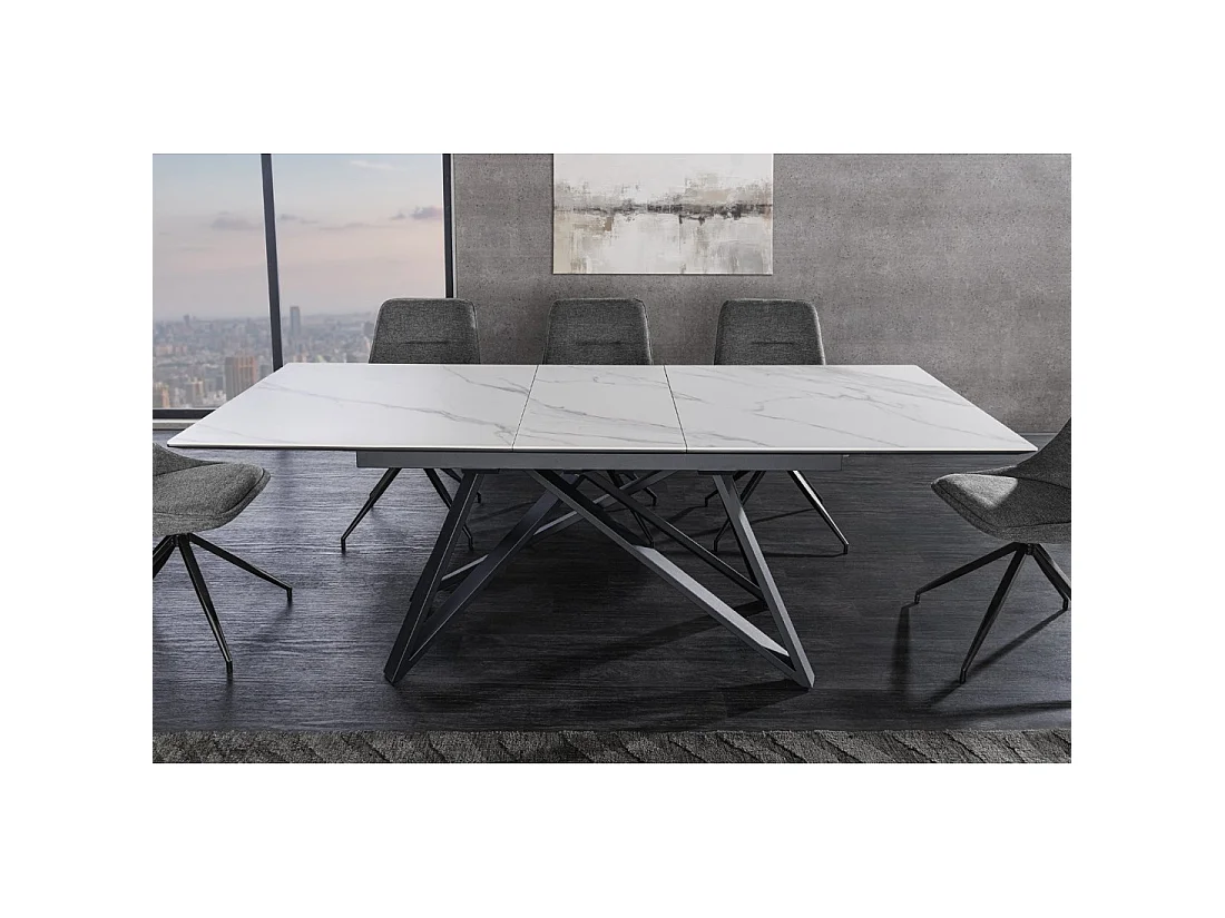 Table de salle à manger extensible LIXOR 160-200 cm – Céramique effet marbre blanc et piètement géométrique noir