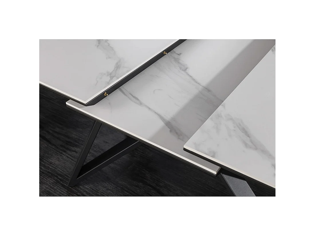 Table de salle à manger extensible LIXOR 160-200 cm – Céramique effet marbre blanc et piètement géométrique noir