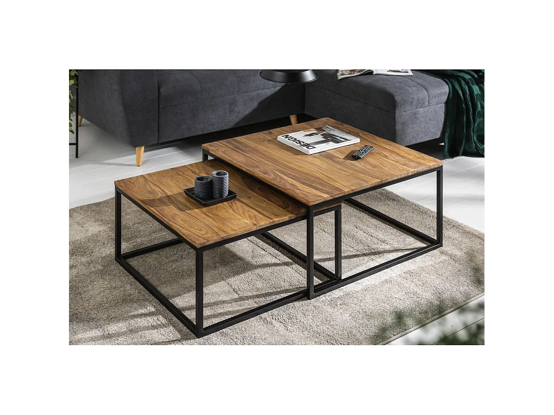Nesttafel VORTEX van massief Sheesham hout en zwart metaal