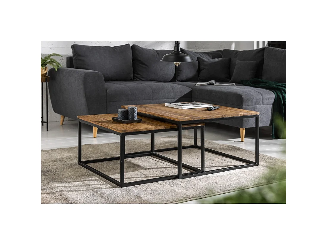 Nesttafel VORTEX van massief Sheesham hout en zwart metaal