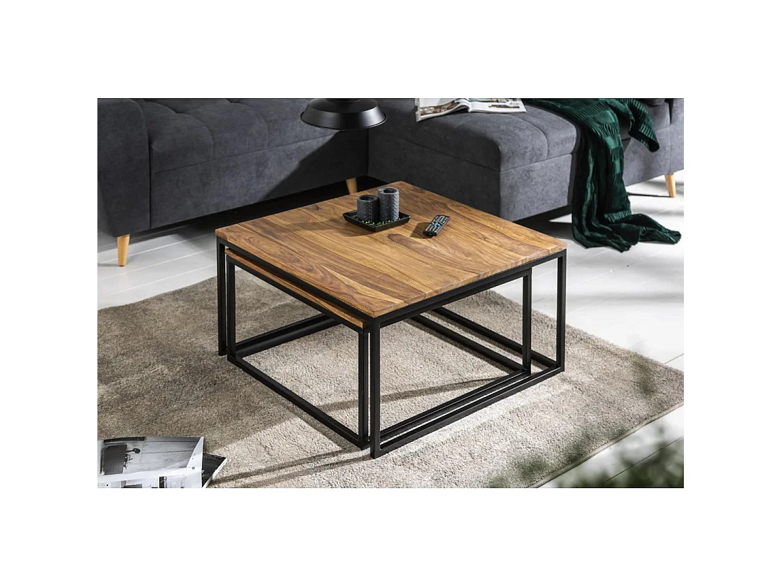 Nesttafel VORTEX van massief Sheesham hout en zwart metaal