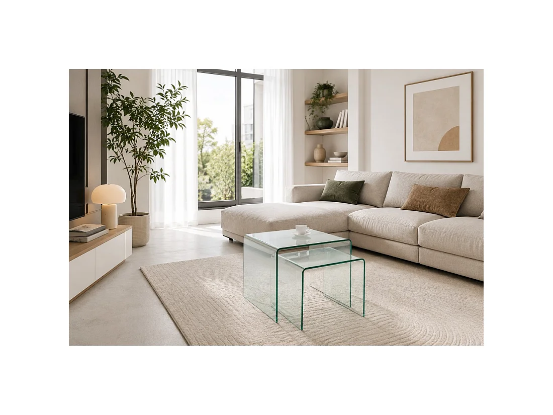 Lote de 2 mesas de centro apilables HOLOW de vidrio templado transparente – Diseño moderno