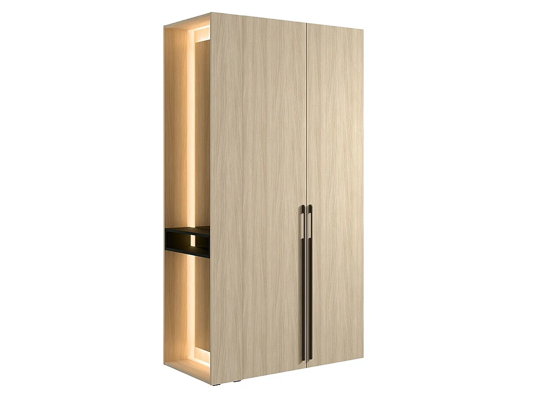 Armario diseño SORIA 204 cm roble y negro con espejo LED, nicho y estantes – 2 puertas batientes