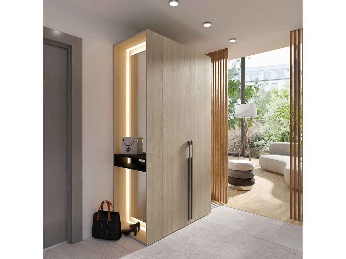 Armario diseño SORIA 204 cm roble y negro con espejo LED, nicho y estantes – 2 puertas batientes
