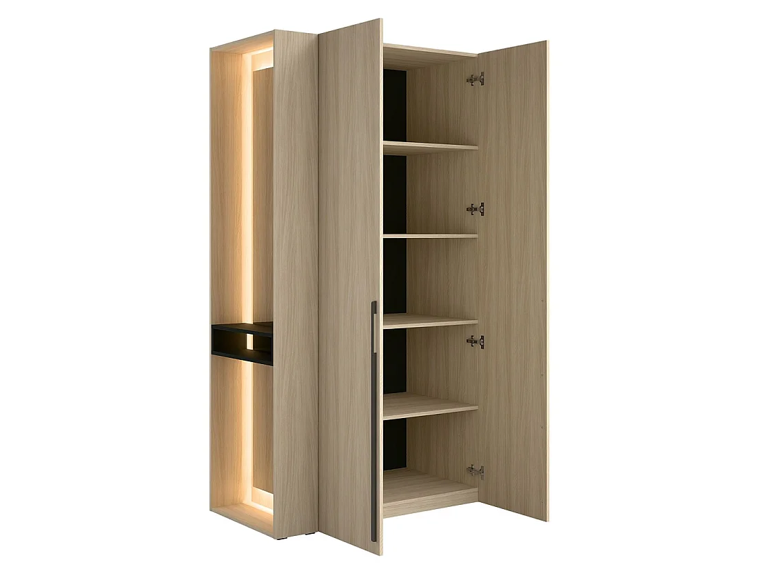 Armario diseño SORIA 204 cm roble y negro con espejo LED, nicho y estantes – 2 puertas batientes