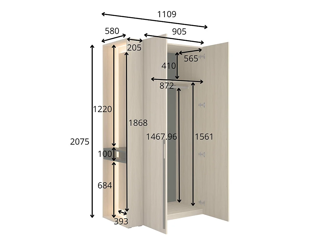 Armario diseño SORIA 204 cm roble y negro con espejo LED, nicho y estantes – 2 puertas batientes