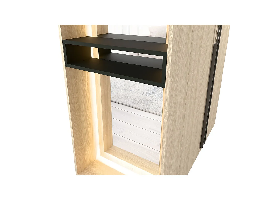 Armario diseño SORIA 204 cm roble y negro con espejo LED, nicho y estantes – 2 puertas batientes