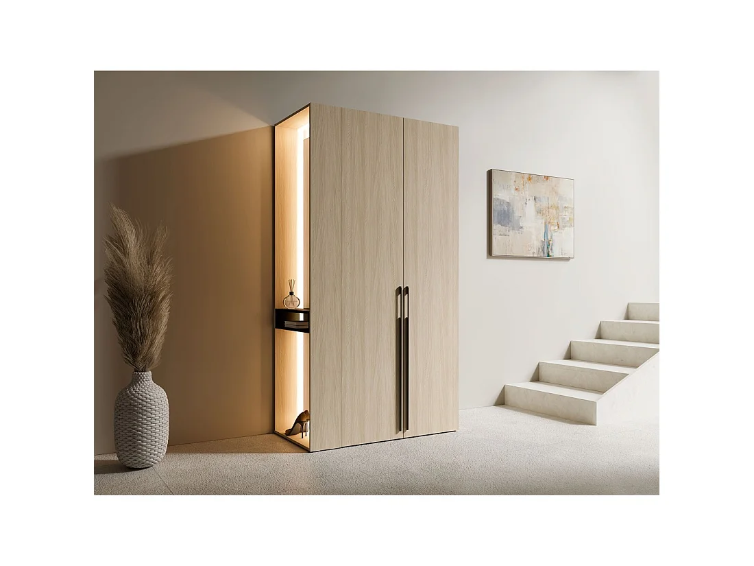 Armario diseño SORIA 204 cm roble y negro con espejo LED, nicho y estantes – 2 puertas batientes