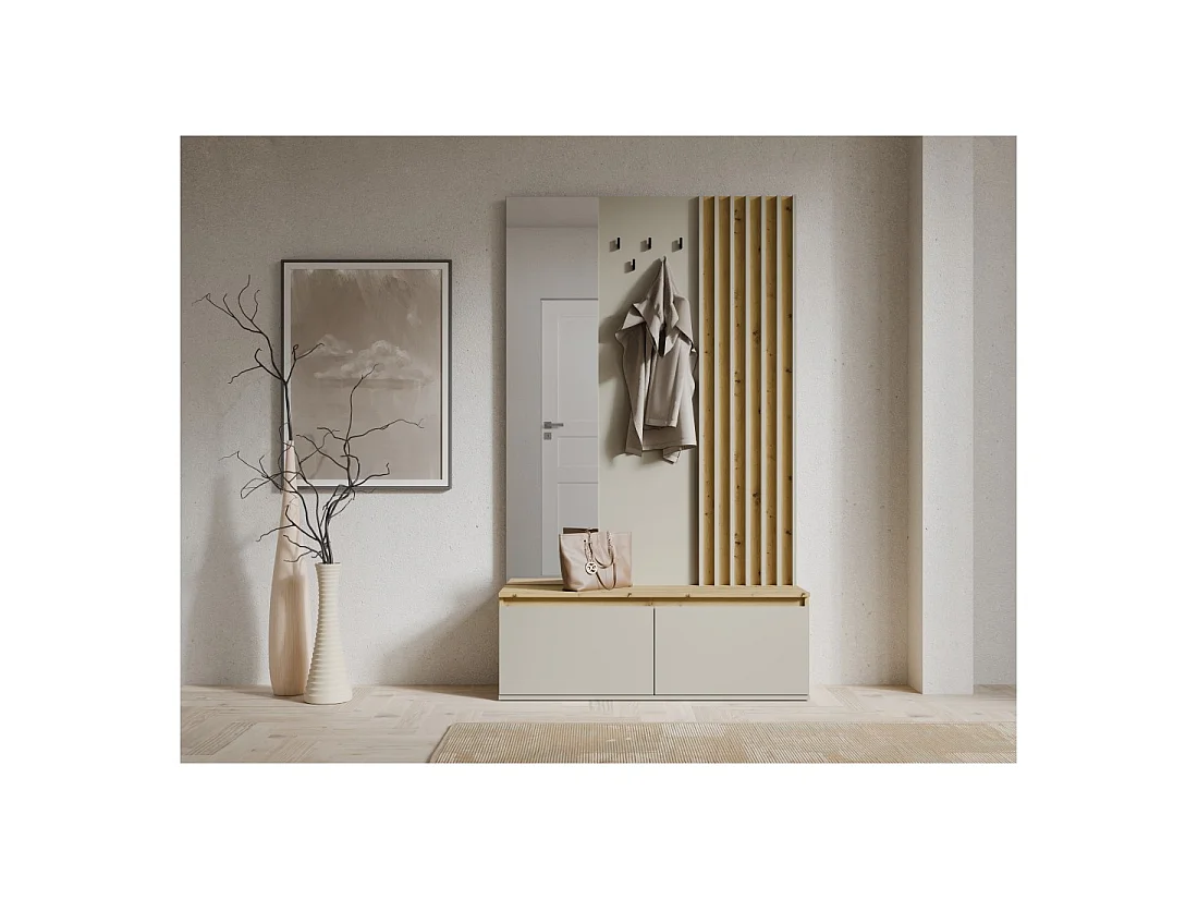 Meuble d'entrée NEMO 120 cm avec porte-manteau, miroir et rangements – Chêne clair et beige cachemire