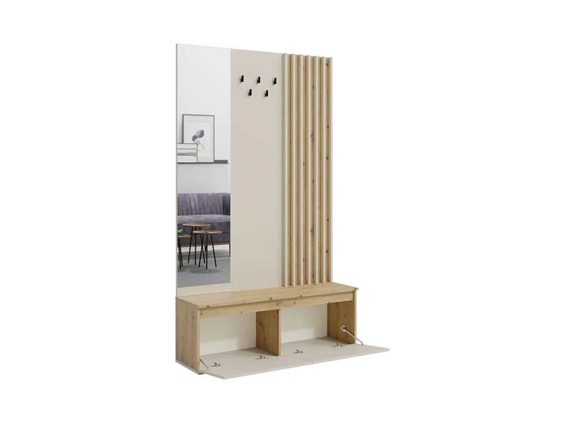 Meuble d'entrée NEMO 120 cm avec porte-manteau, miroir et rangements – Chêne clair et beige cachemire