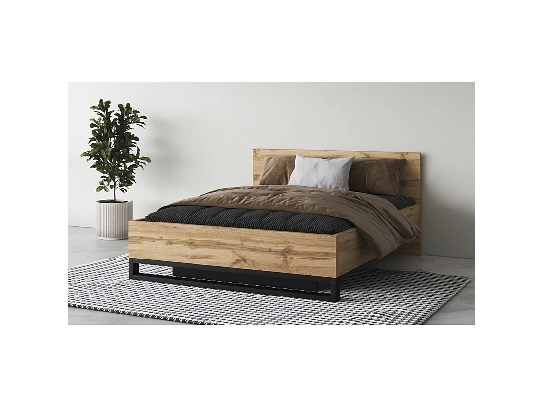 Cama con canapé MILOS 140 x 200 cm con somier elevable – Roble crudo y negro – Estilo industrial