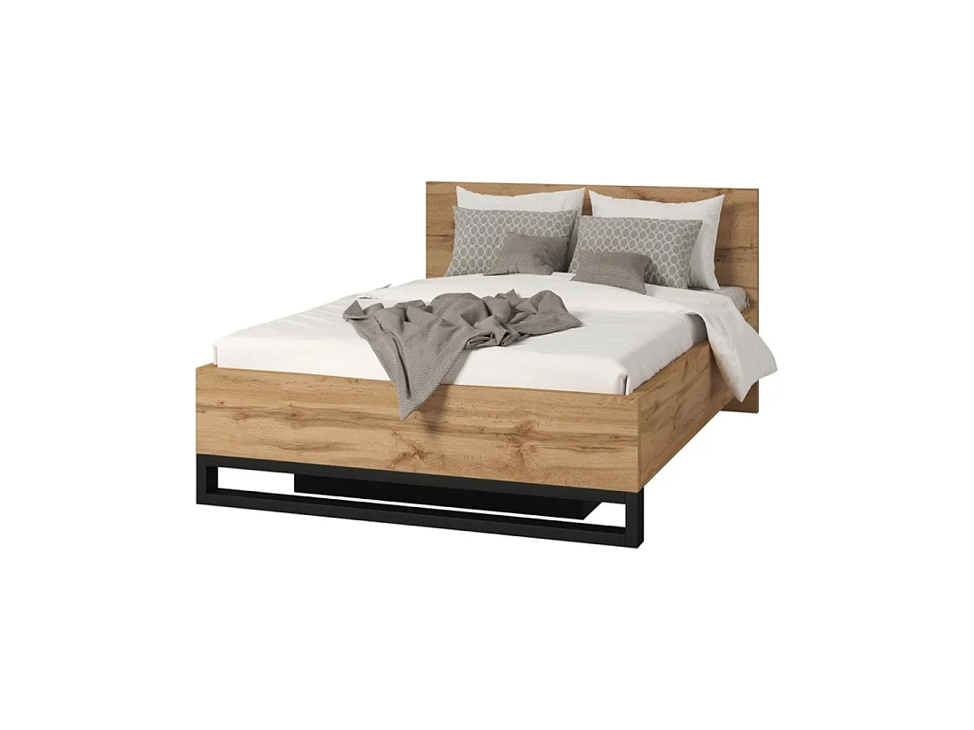 Cama con canapé MILOS 140 x 200 cm con somier elevable – Roble crudo y negro – Estilo industrial