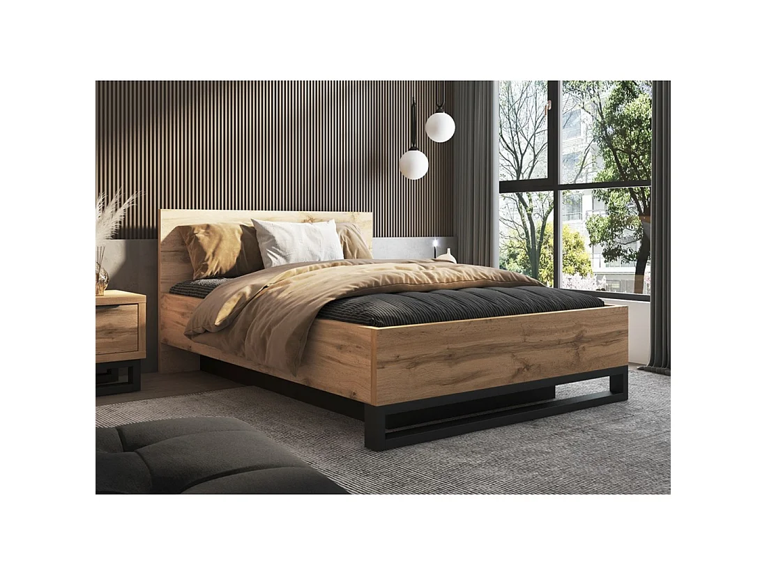 Cama con canapé MILOS 140 x 200 cm con somier elevable – Roble crudo y negro – Estilo industrial