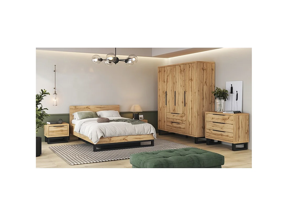 Cama con canapé MILOS 140 x 200 cm con somier elevable – Roble crudo y negro – Estilo industrial