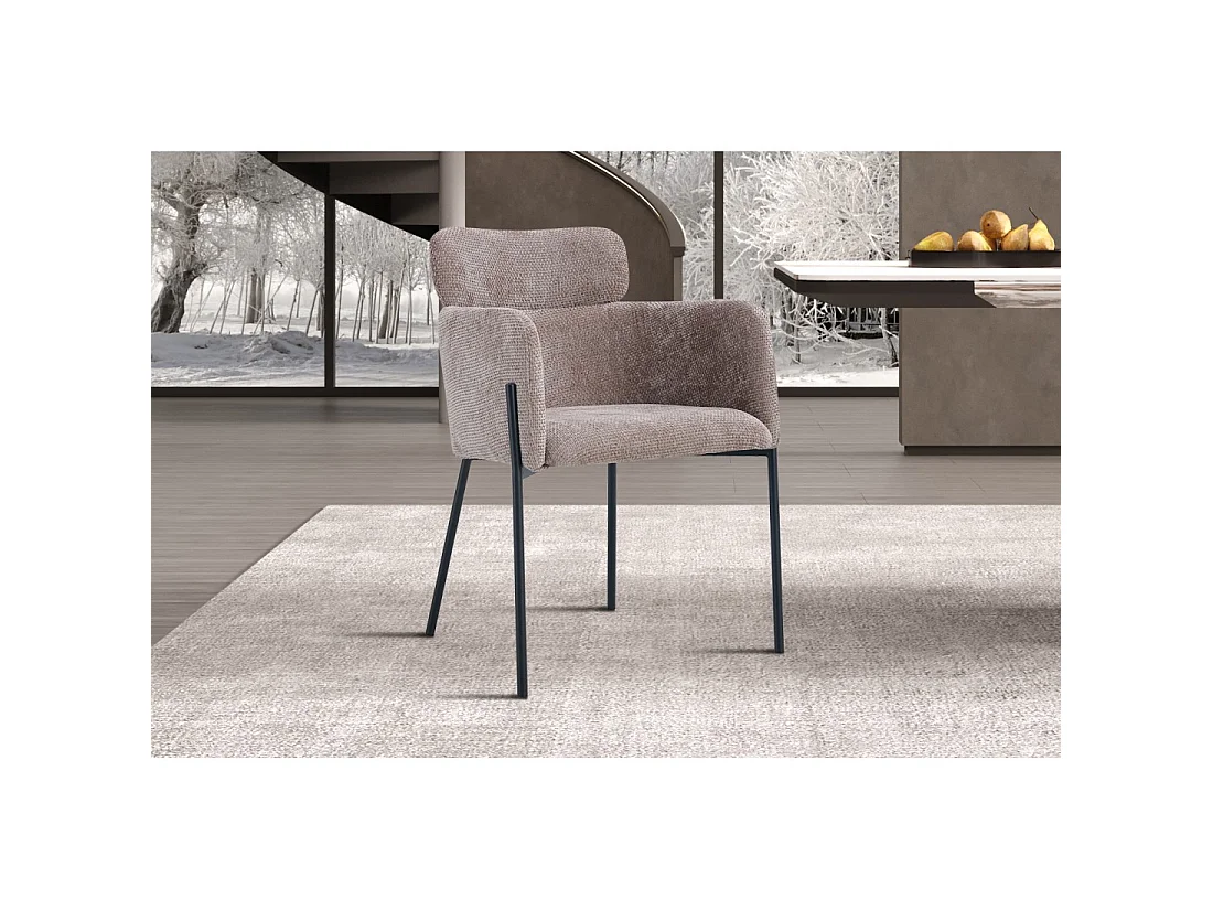Chaise de salle à manger CAMPBELL – Tissu sable – Accoudoirs – Pieds en métal noir – Style design / industriel