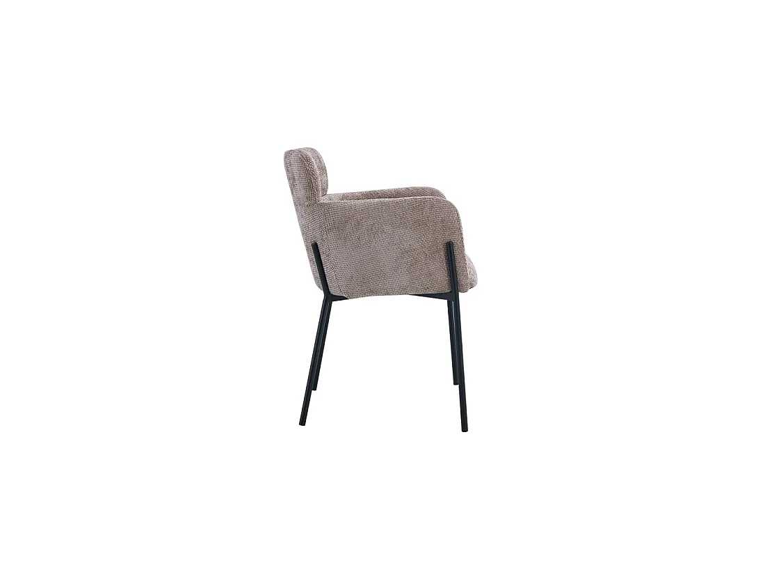 Chaise de salle à manger CAMPBELL – Tissu sable – Accoudoirs – Pieds en métal noir – Style design / industriel