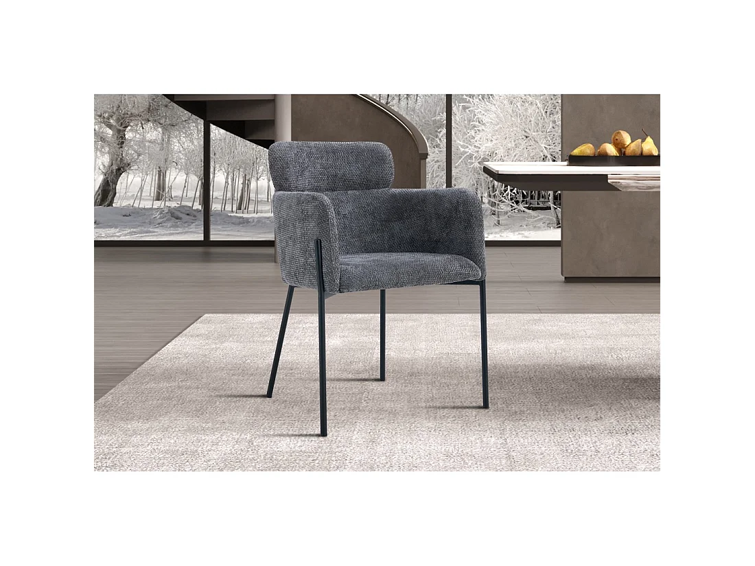 Eetkamerstoel CAMPBELL – Grijze stof – Armleuningen – Zwarte metalen poten – Design / industrieel stijl