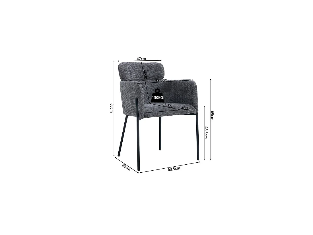 Eetkamerstoel CAMPBELL – Grijze stof – Armleuningen – Zwarte metalen poten – Design / industrieel stijl