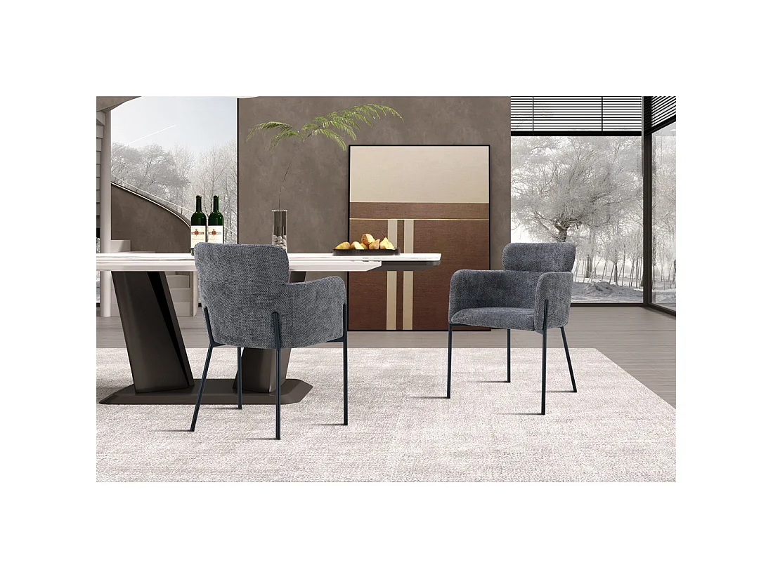 Eetkamerstoel CAMPBELL – Grijze stof – Armleuningen – Zwarte metalen poten – Design / industrieel stijl