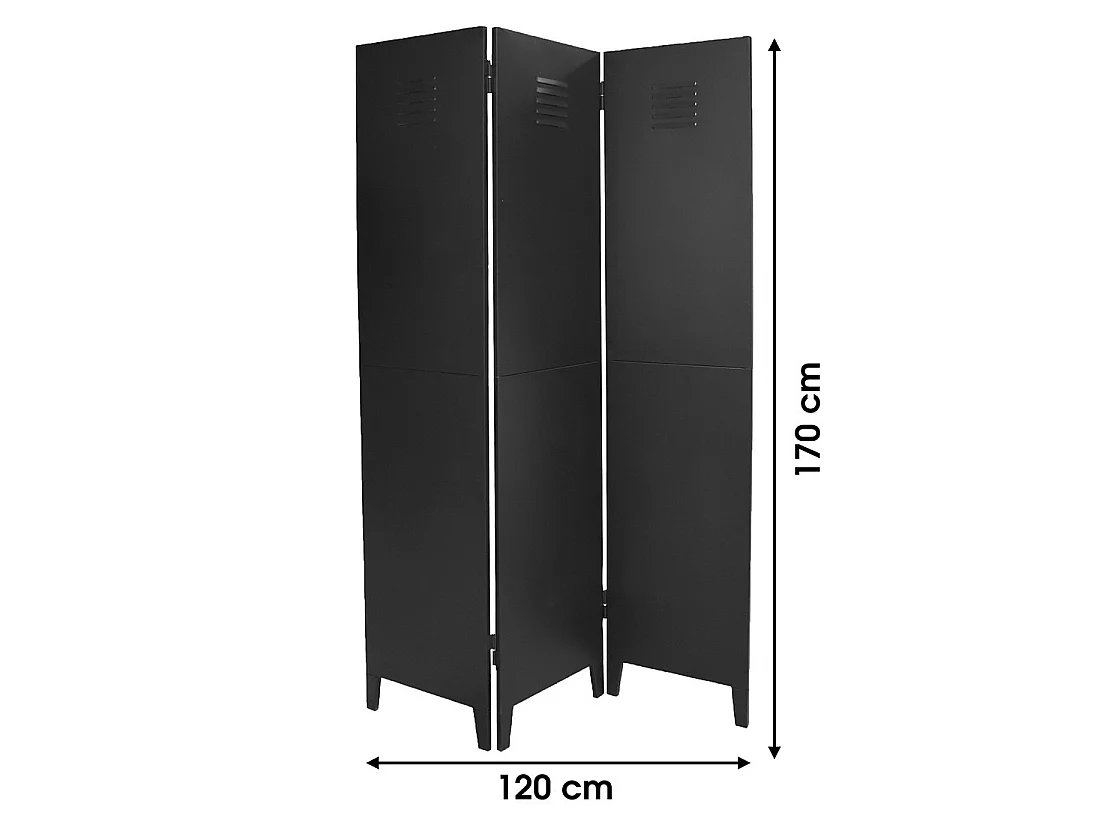 Metalen kamerscherm met 3 panelen in industriële stijl, zwart van kleur. Collectie LOFT