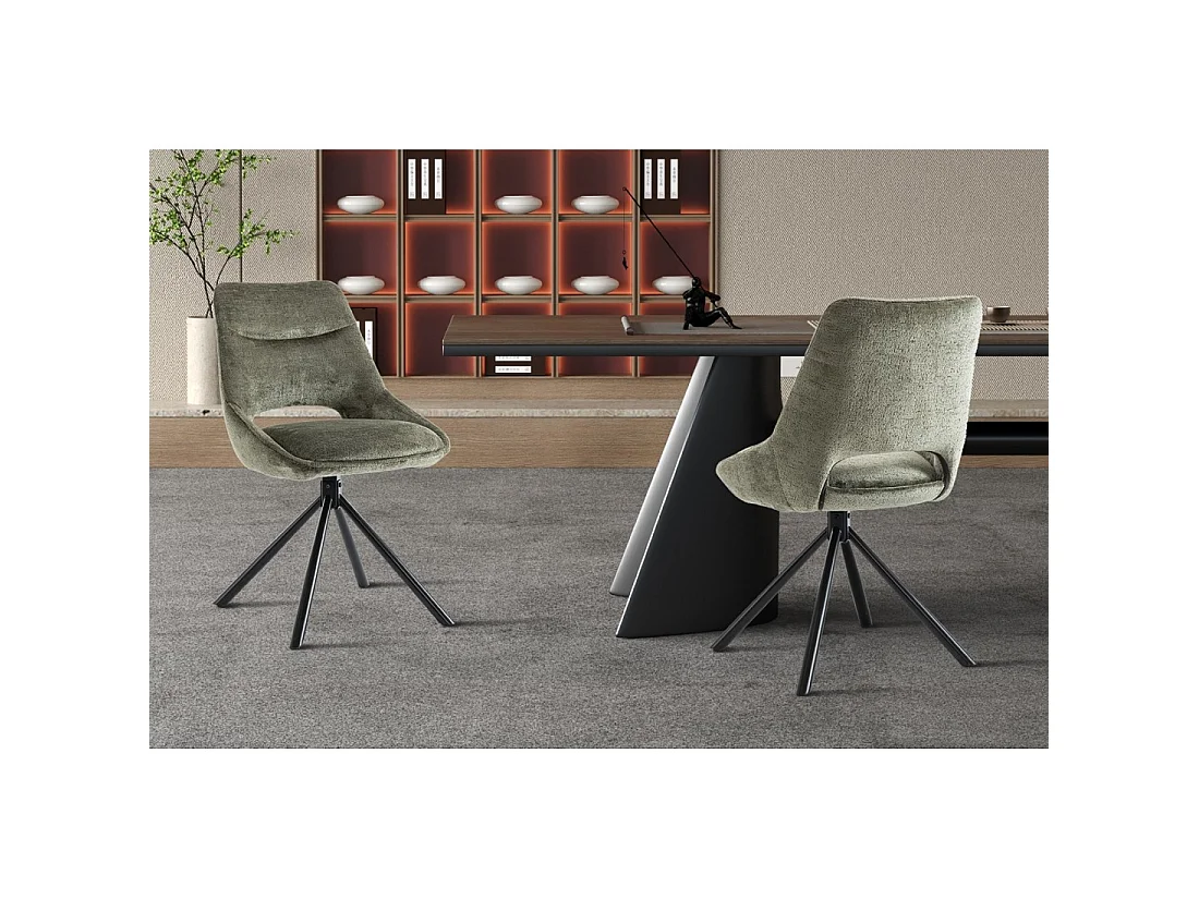 Lot de 2 chaises YUMENA – Tissu vert – Pieds métal – Design compact – Élégance naturelle et robuste