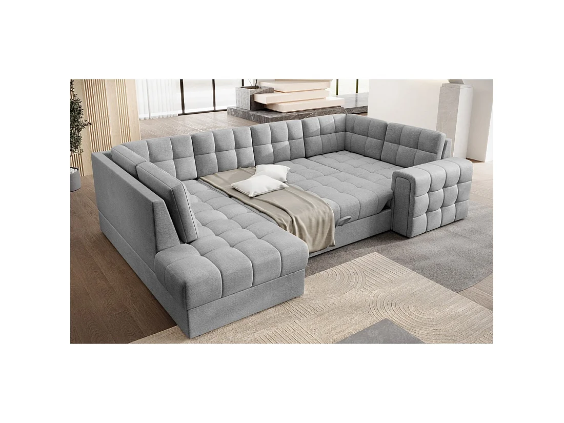 Sofá de esquina convertible MONTEZA gris izquierda 299 cm con arcón y cama