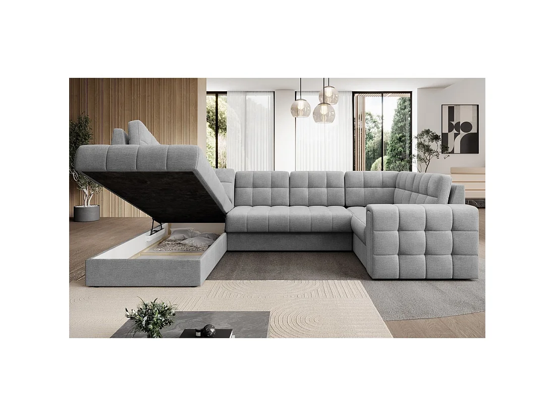 Sofá de esquina convertible MONTEZA gris izquierda 299 cm con arcón y cama