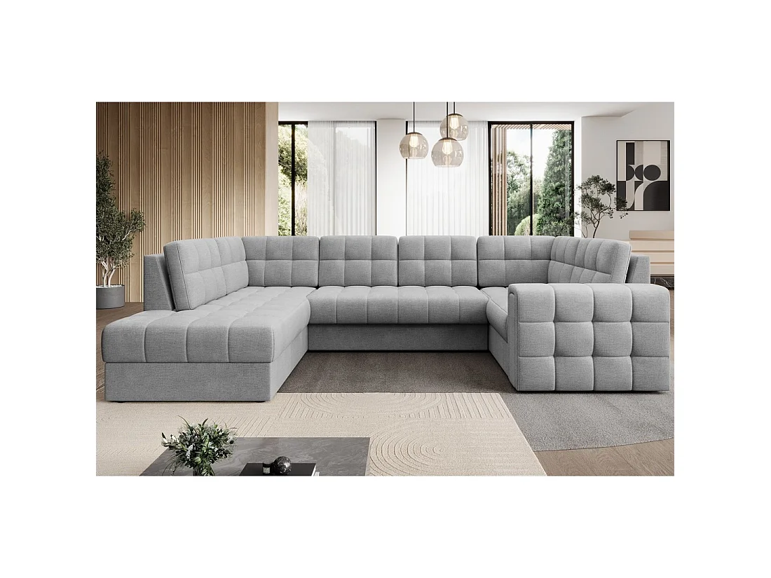Sofá de esquina convertible MONTEZA gris izquierda 299 cm con arcón y cama