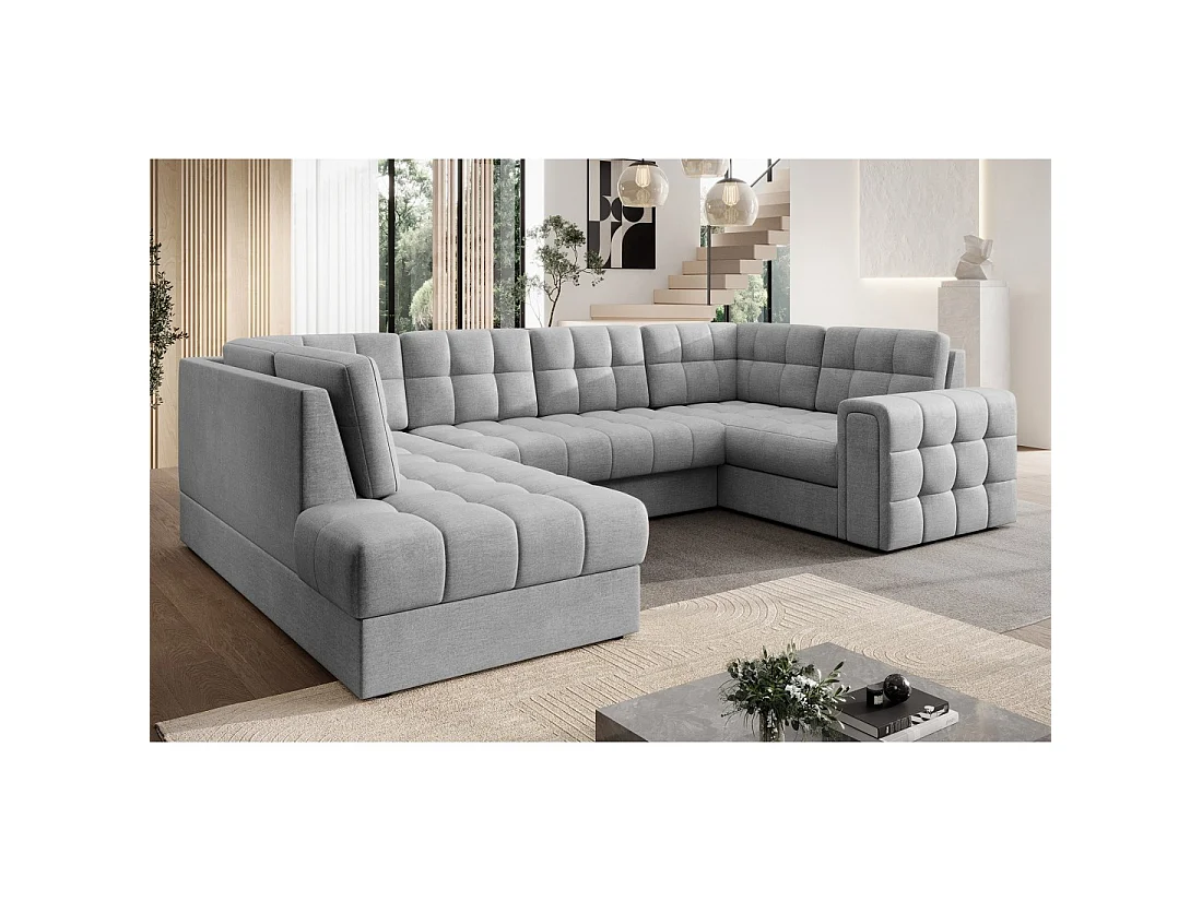 Sofá de esquina convertible MONTEZA gris izquierda 299 cm con arcón y cama