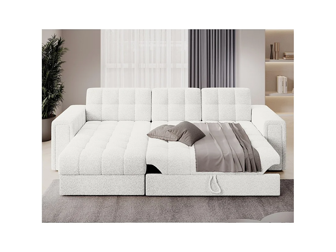 Canapé d'angle convertible KAPITARA blanc réversible avec coffre de rangement