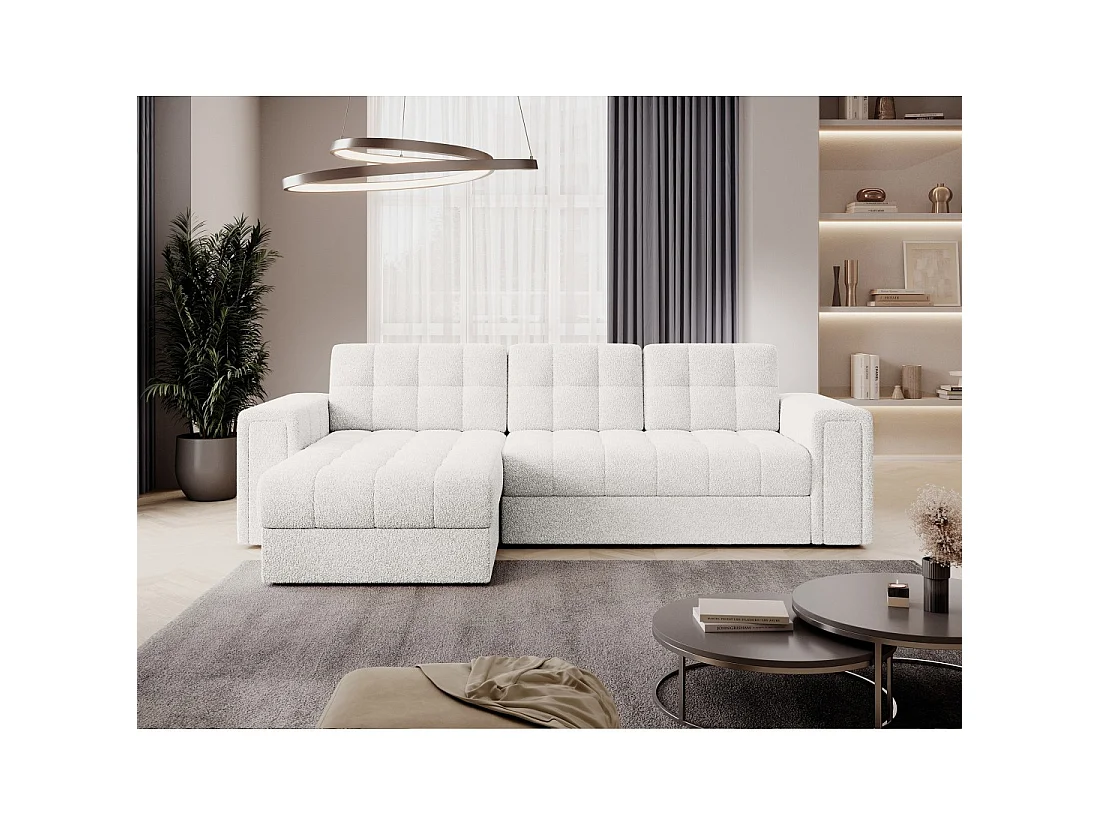 Canapé d'angle convertible KAPITARA blanc réversible avec coffre de rangement