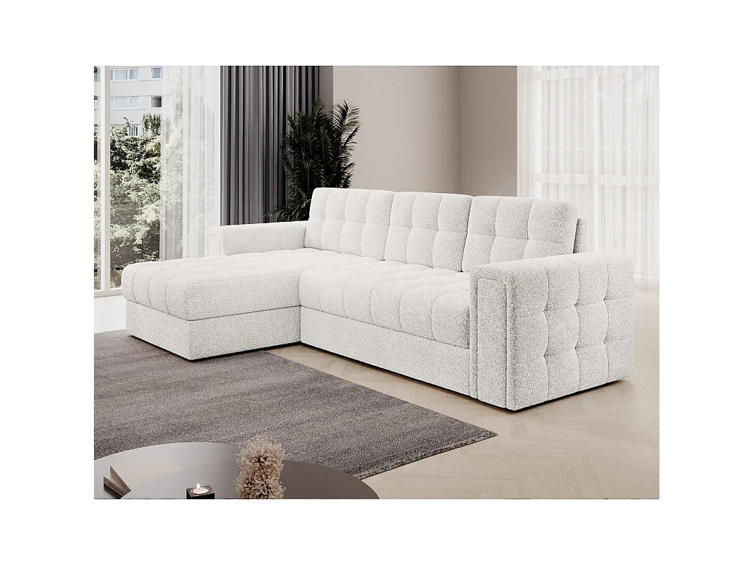 Canapé d'angle convertible KAPITARA blanc réversible avec coffre de rangement