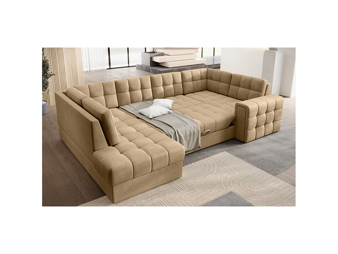 Sofá de esquina convertible MONTEZA en marrón claro izquierdo 299 cm con baúl y cama