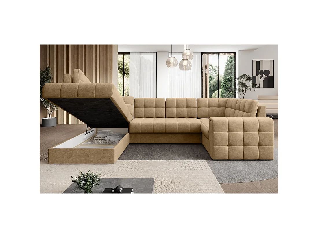 Sofá de esquina convertible MONTEZA en marrón claro izquierdo 299 cm con baúl y cama