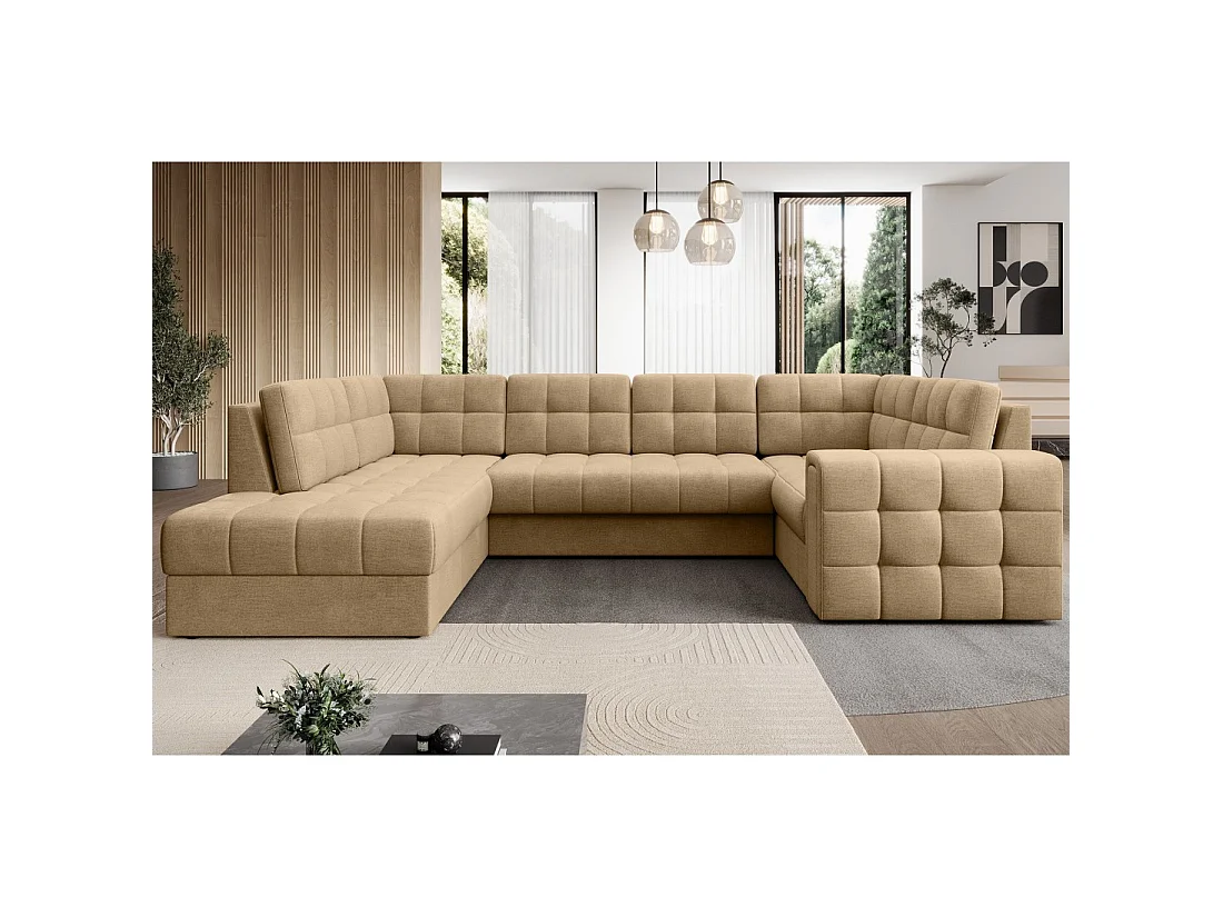 Sofá de esquina convertible MONTEZA en marrón claro izquierdo 299 cm con baúl y cama