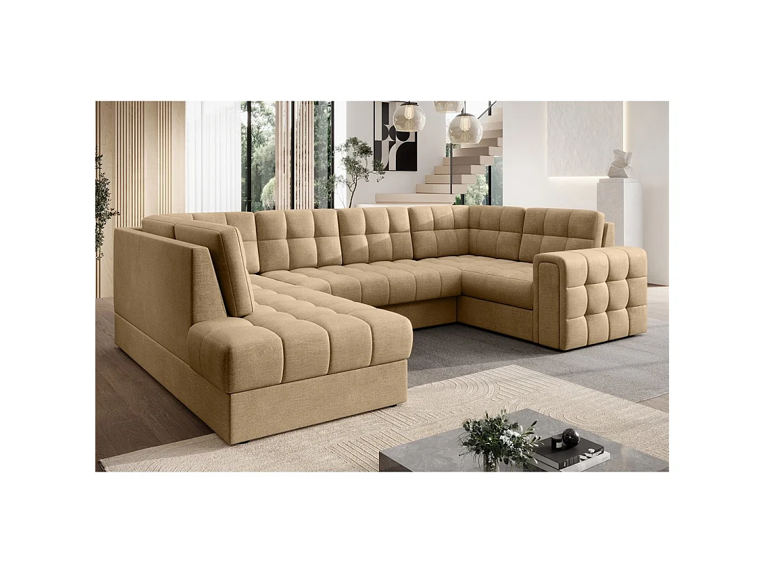 Sofá de esquina convertible MONTEZA en marrón claro izquierdo 299 cm con baúl y cama