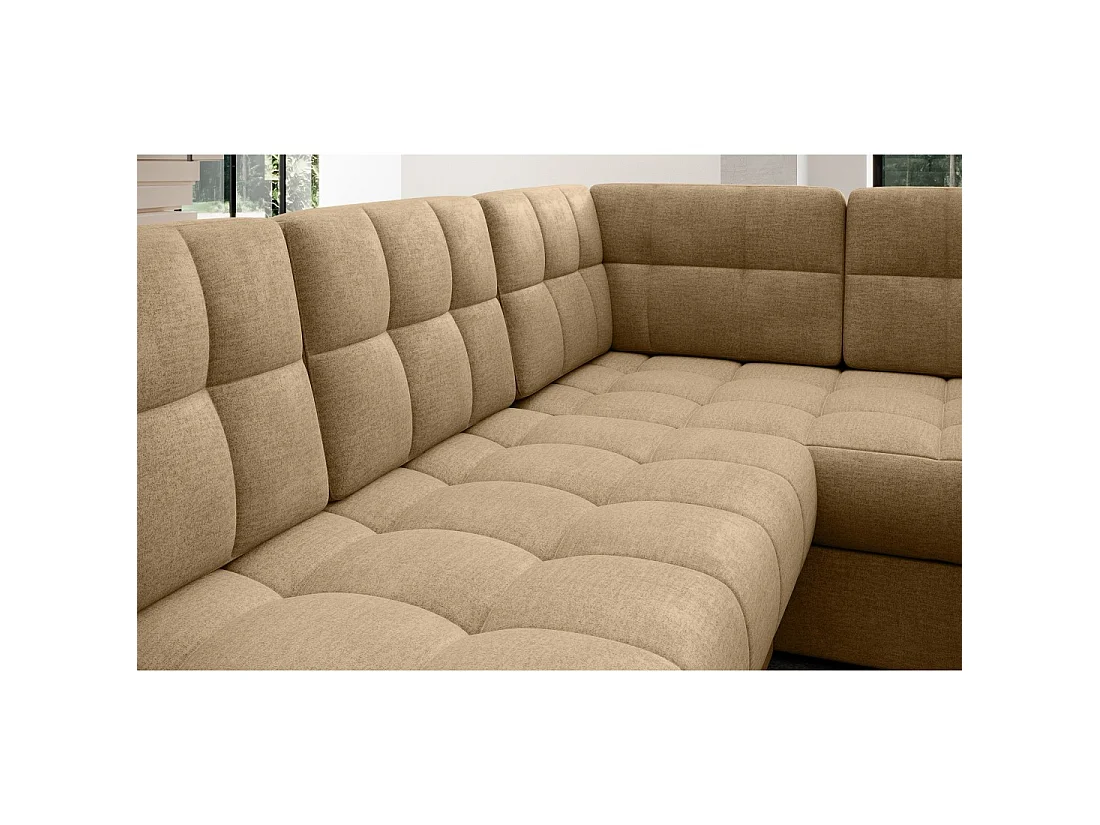 Sofá de esquina convertible MONTEZA en marrón claro izquierdo 299 cm con baúl y cama