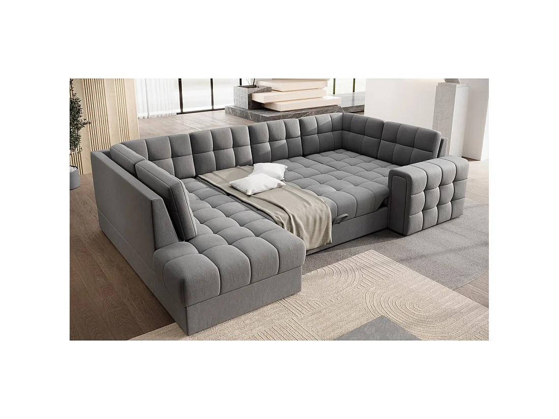 Sofá de esquina convertible MONTEZA gris izquierdo 299 cm con almacenamiento y cama