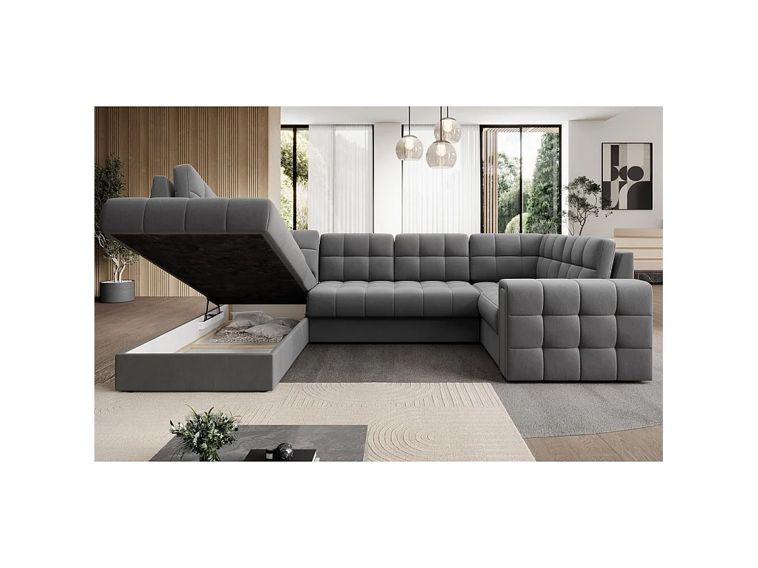 Sofá de esquina convertible MONTEZA gris izquierdo 299 cm con almacenamiento y cama