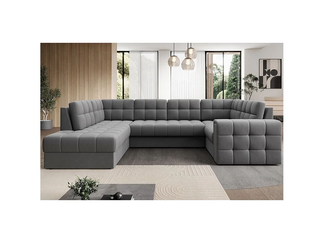 Sofá de esquina convertible MONTEZA gris izquierdo 299 cm con almacenamiento y cama