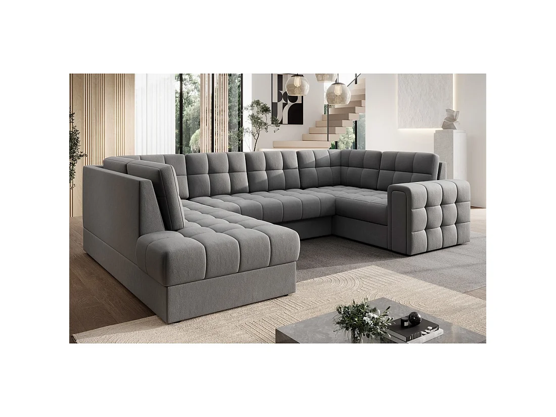 Sofá de esquina convertible MONTEZA gris izquierdo 299 cm con almacenamiento y cama