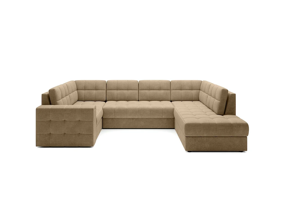 Sofá esquinero convertible MONTEZA en color marrón claro de 299 cm con espacio de almacenamiento y cama