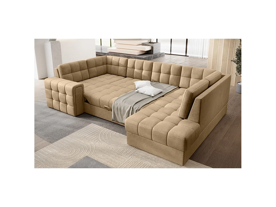 Sofá esquinero convertible MONTEZA en color marrón claro de 299 cm con espacio de almacenamiento y cama