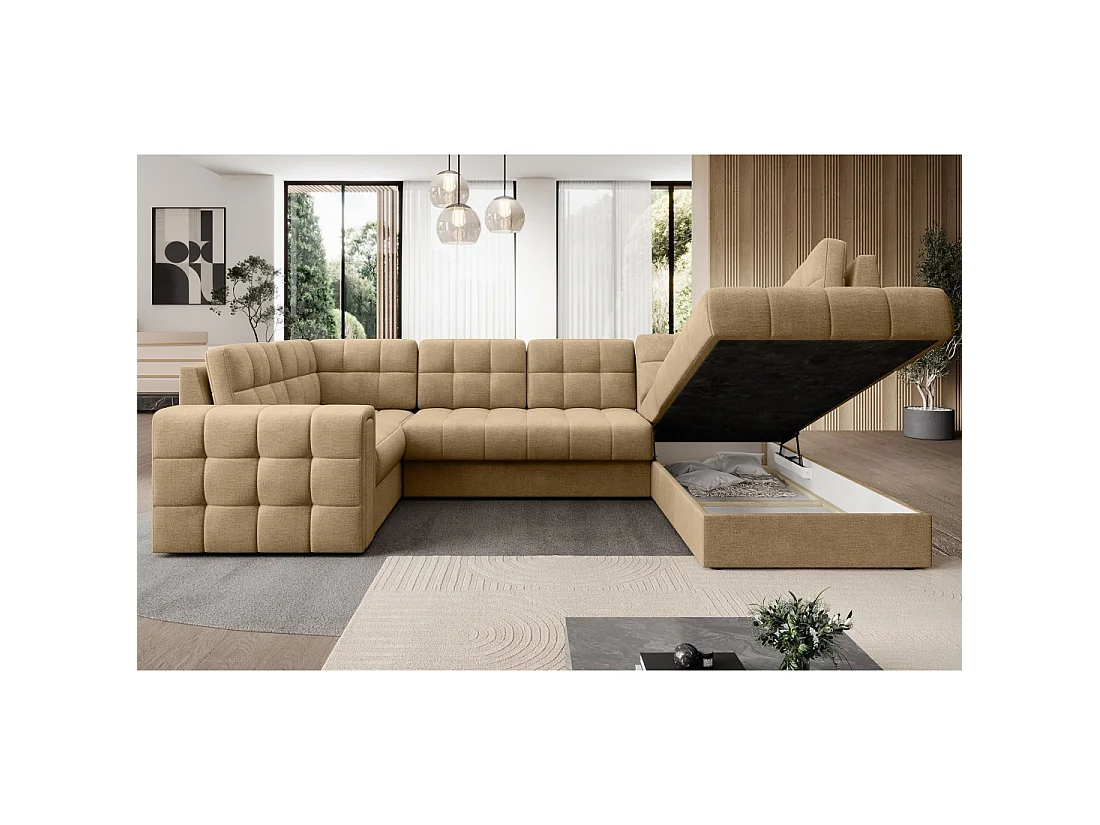 Sofá esquinero convertible MONTEZA en color marrón claro de 299 cm con espacio de almacenamiento y cama