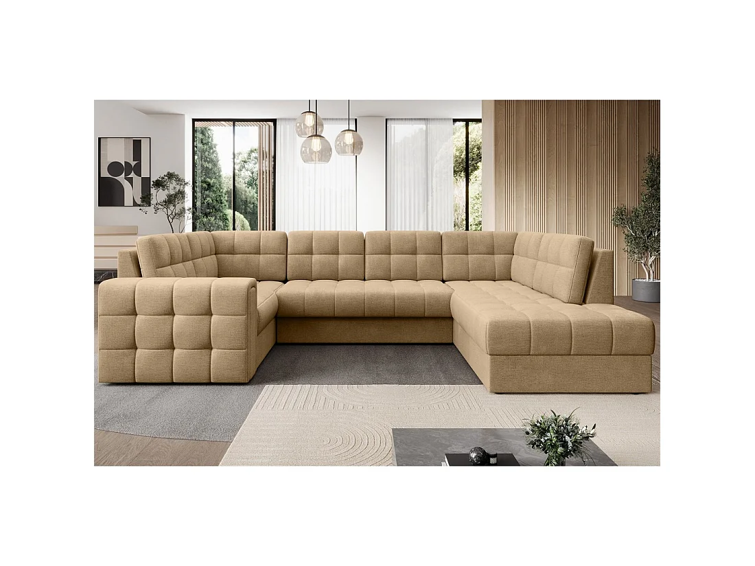 Sofá esquinero convertible MONTEZA en color marrón claro de 299 cm con espacio de almacenamiento y cama