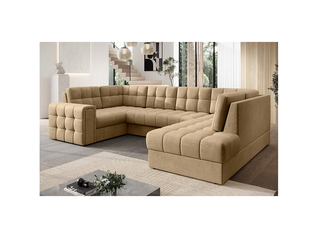 Sofá esquinero convertible MONTEZA en color marrón claro de 299 cm con espacio de almacenamiento y cama