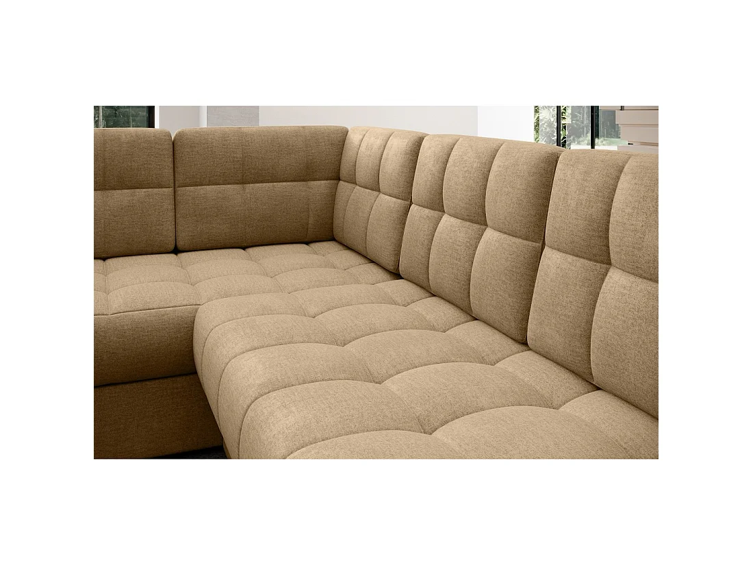 Sofá esquinero convertible MONTEZA en color marrón claro de 299 cm con espacio de almacenamiento y cama