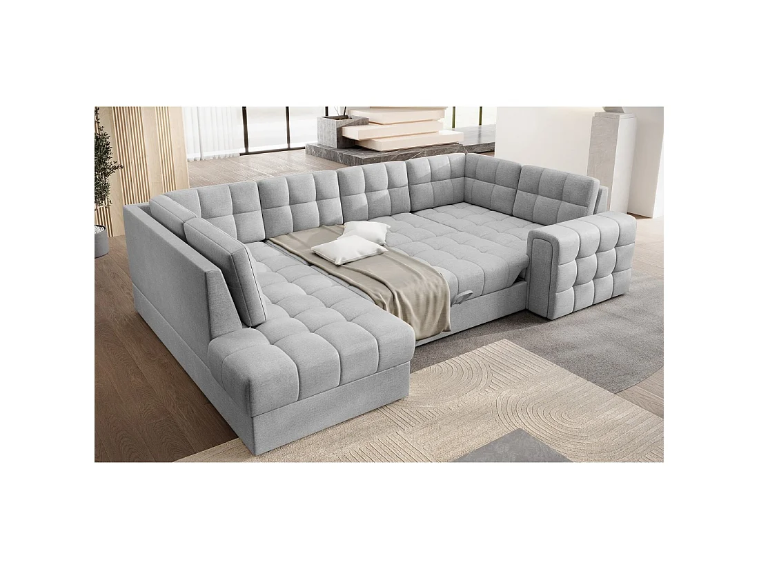 Sofá de esquina convertible MONTEZA gris izquierdo 299 cm con almacenamiento y cama