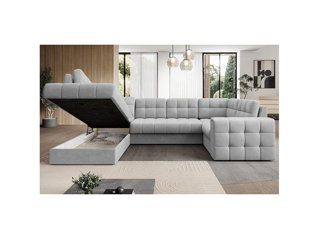 Sofá de esquina convertible MONTEZA gris izquierdo 299 cm con almacenamiento y cama